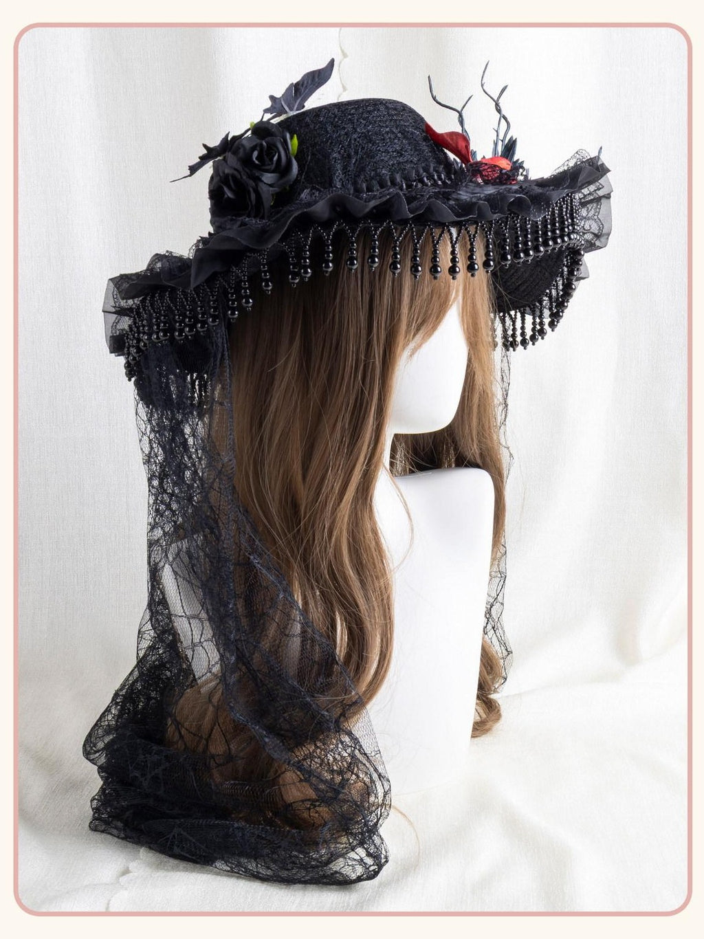 Stardust Rose Pearl Trim Veil Gothic Witch Widow Original Design Women's Full Bonnets