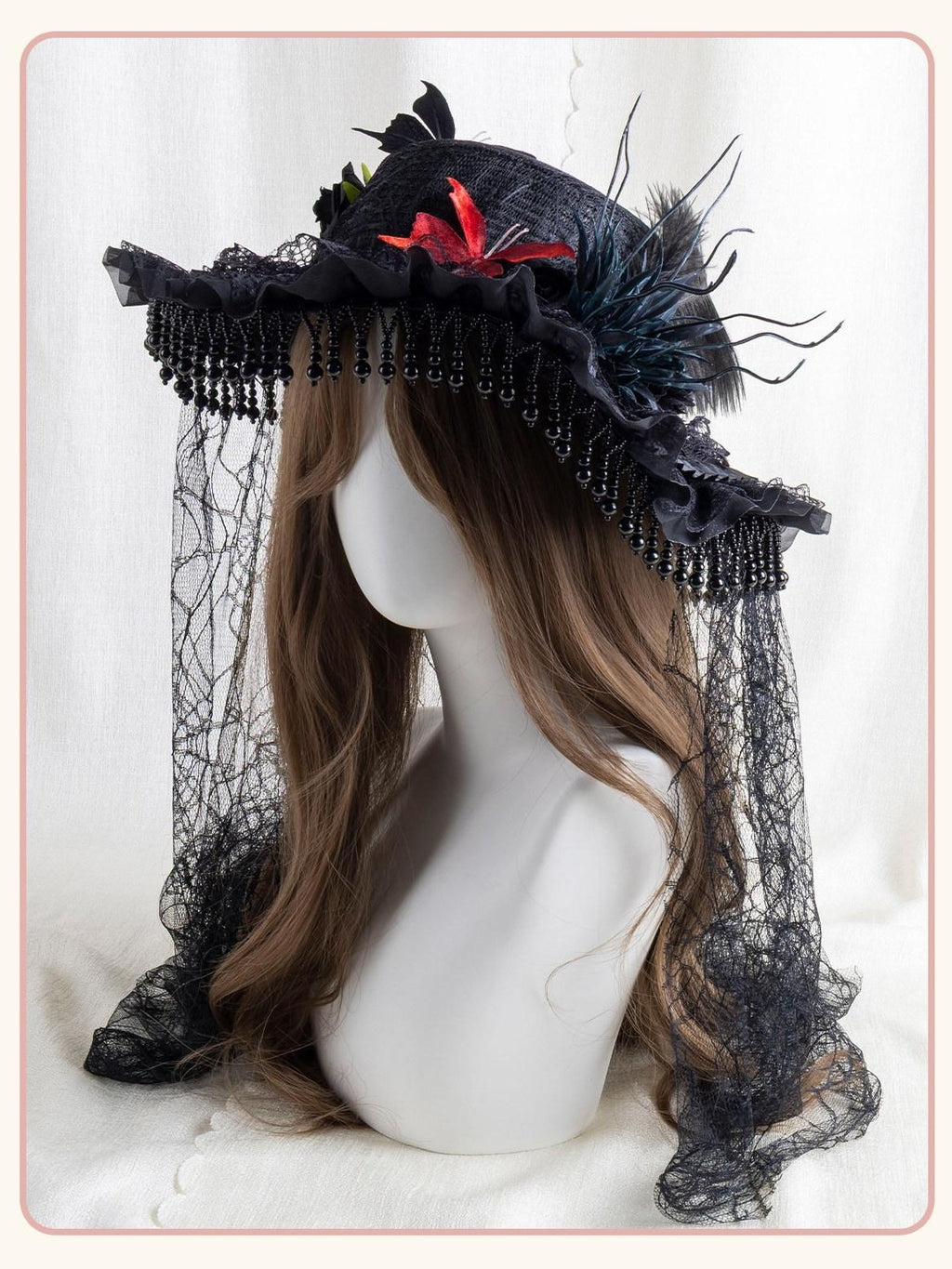 Stardust Rose Pearl Trim Veil Gothic Witch Widow Original Design Women's Full Bonnets
