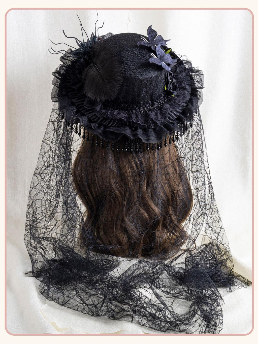 Stardust Rose Pearl Trim Veil Gothic Witch Widow Original Design Women's Full Bonnets