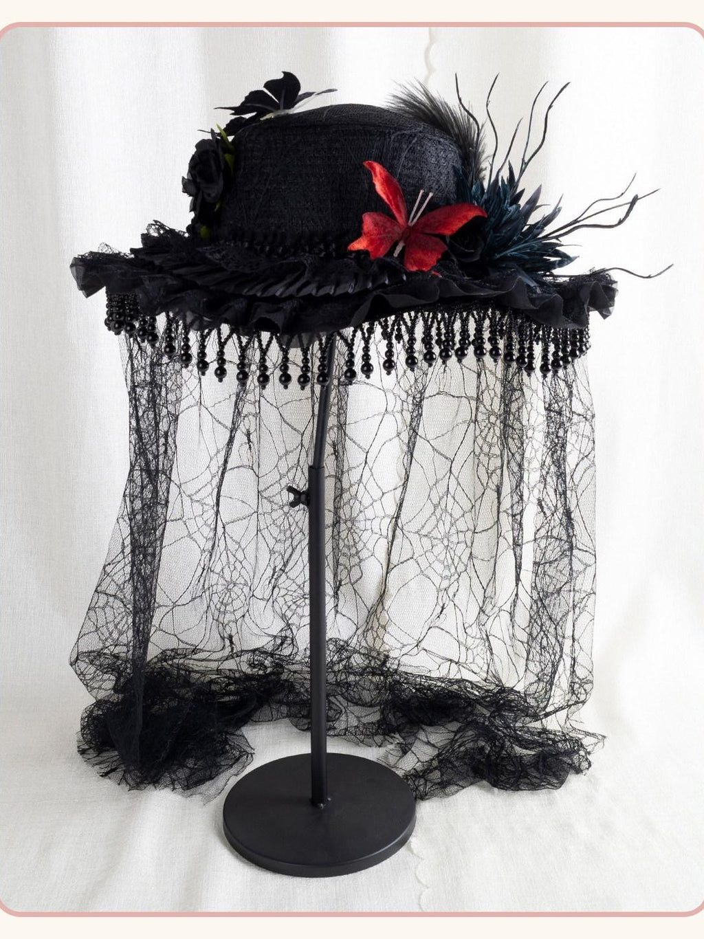 Stardust Rose Pearl Trim Veil Gothic Witch Widow Original Design Women's Full Bonnets