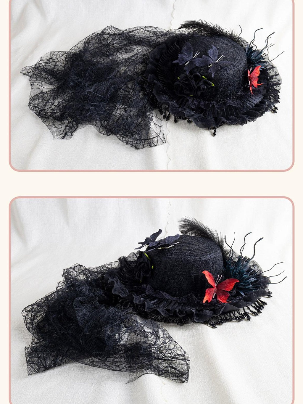 Stardust Rose Pearl Trim Veil Gothic Witch Widow Original Design Women's Full Bonnets