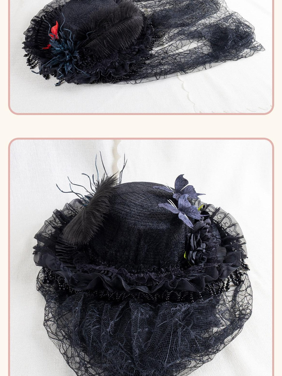 Stardust Rose Pearl Trim Veil Gothic Witch Widow Original Design Women's Full Bonnets