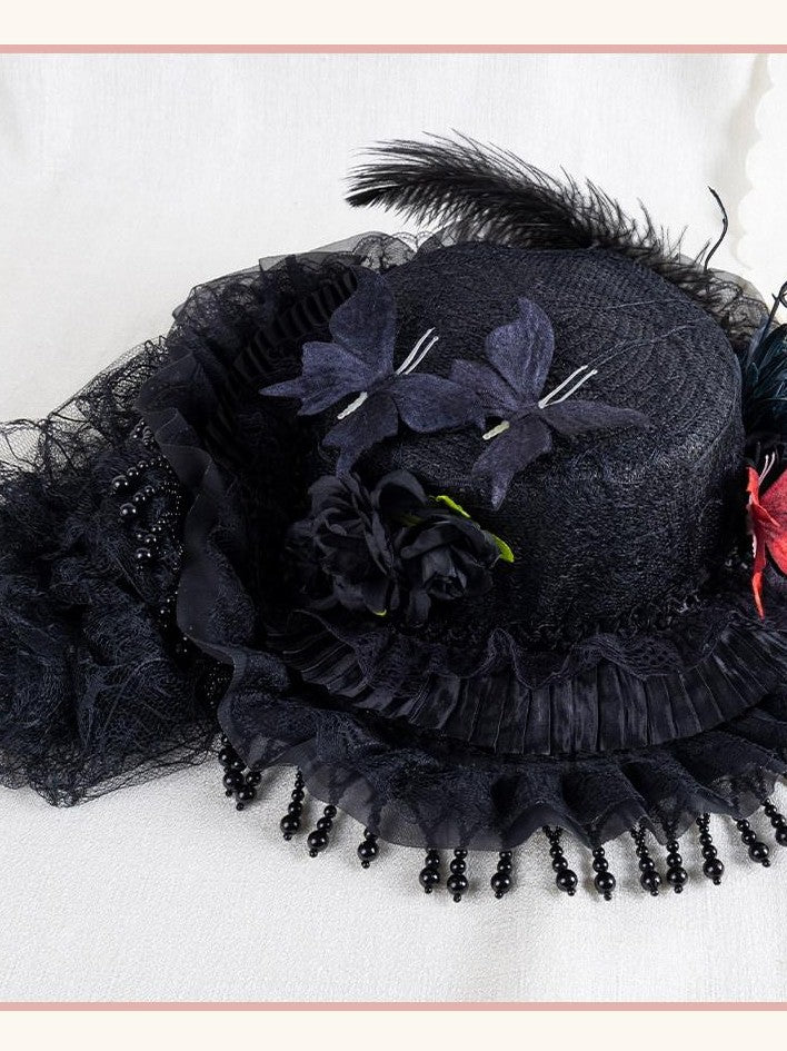 Stardust Rose Pearl Trim Veil Gothic Witch Widow Original Design Women's Full Bonnets