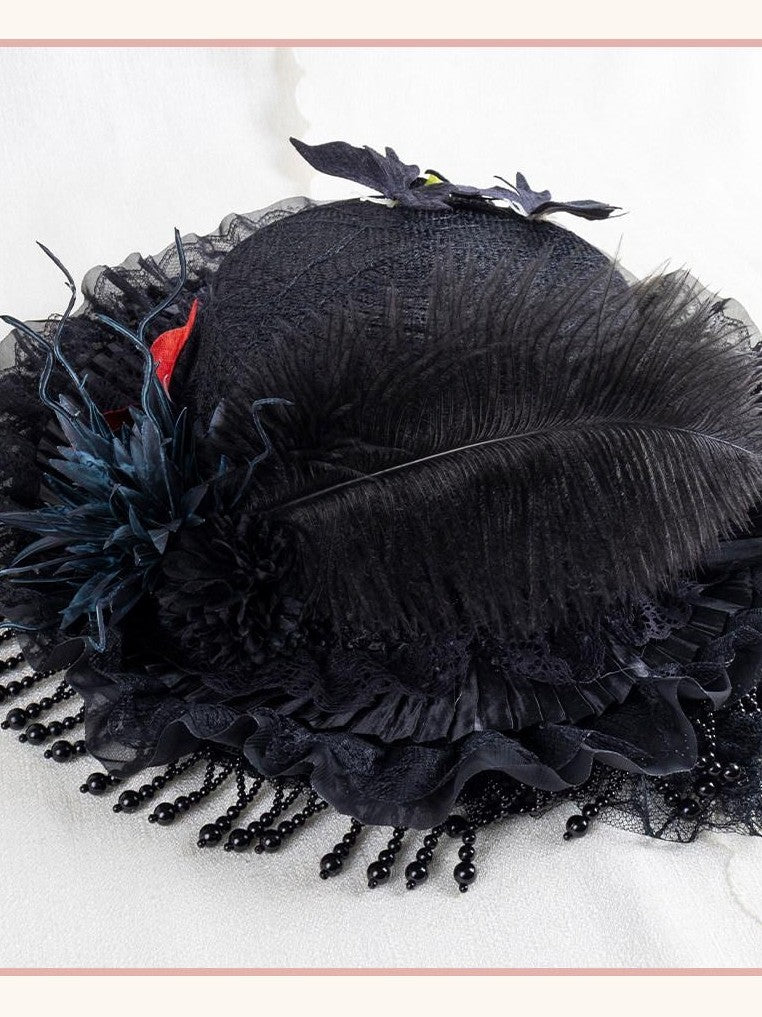 Stardust Rose Pearl Trim Veil Gothic Witch Widow Original Design Women's Full Bonnets