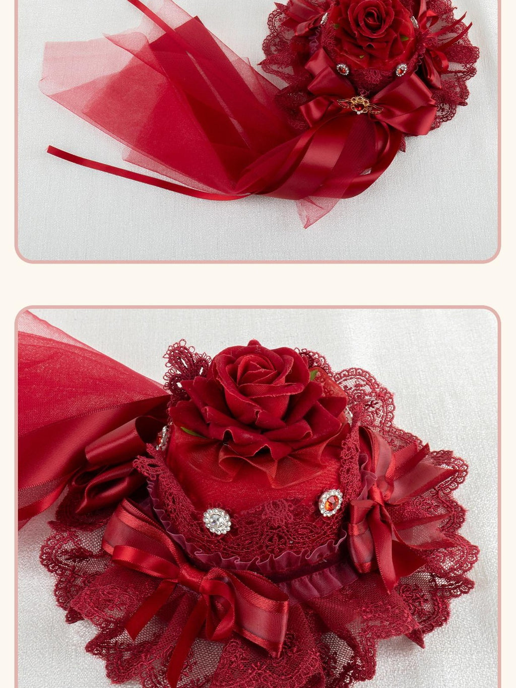 Stardust Rose Red Rose Bow Lolita Bridal Gothic Top Hat Women's Hair Clips