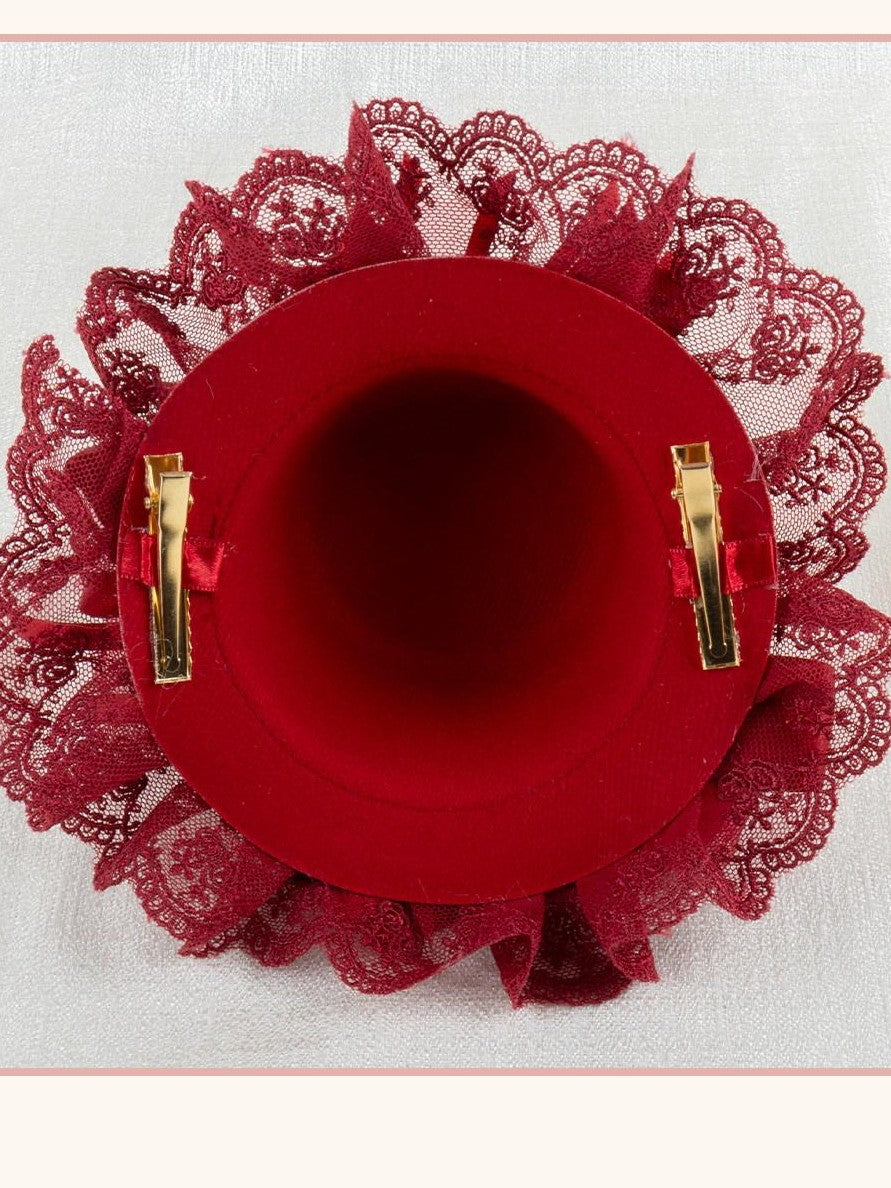 Stardust Rose Red Rose Bow Lolita Bridal Gothic Top Hat Women's Hair Clips
