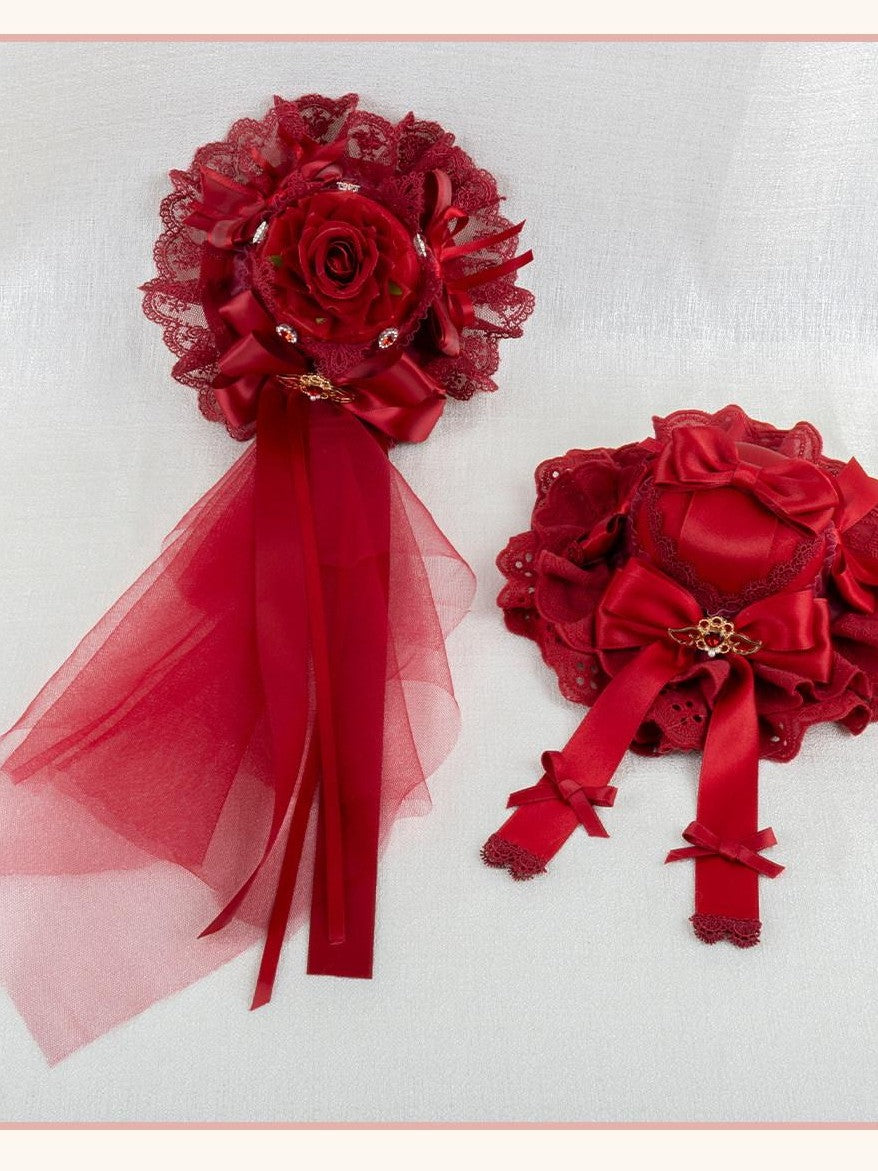 Stardust Rose Red Rose Bow Lolita Bridal Gothic Top Hat Women's Hair Clips