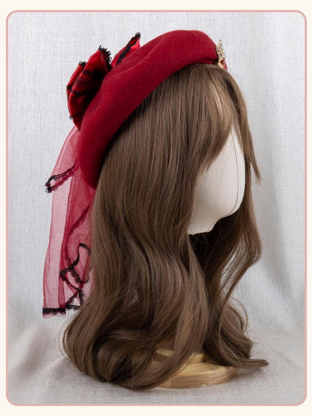 Stardust Rose Red Rose Lace Bow Round Top Women's Woolen Blend Half Bonnets
