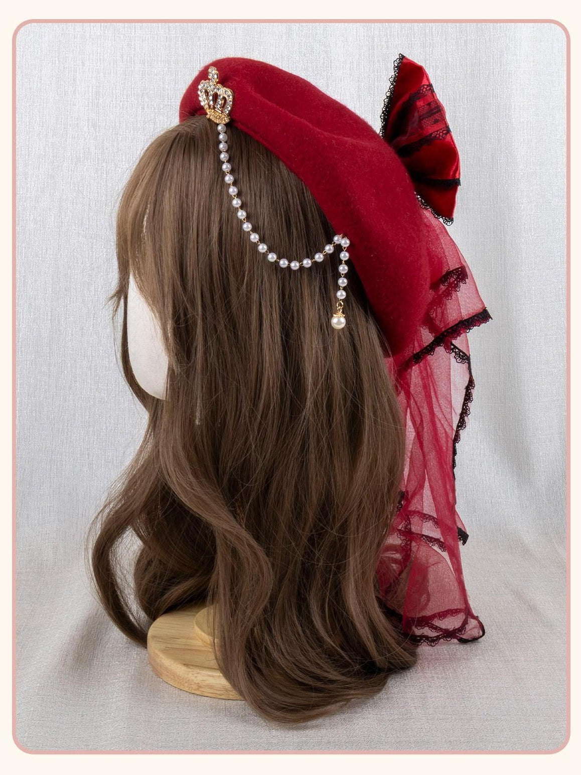 Stardust Rose Red Rose Lace Bow Round Top Women's Woolen Blend Half Bonnets