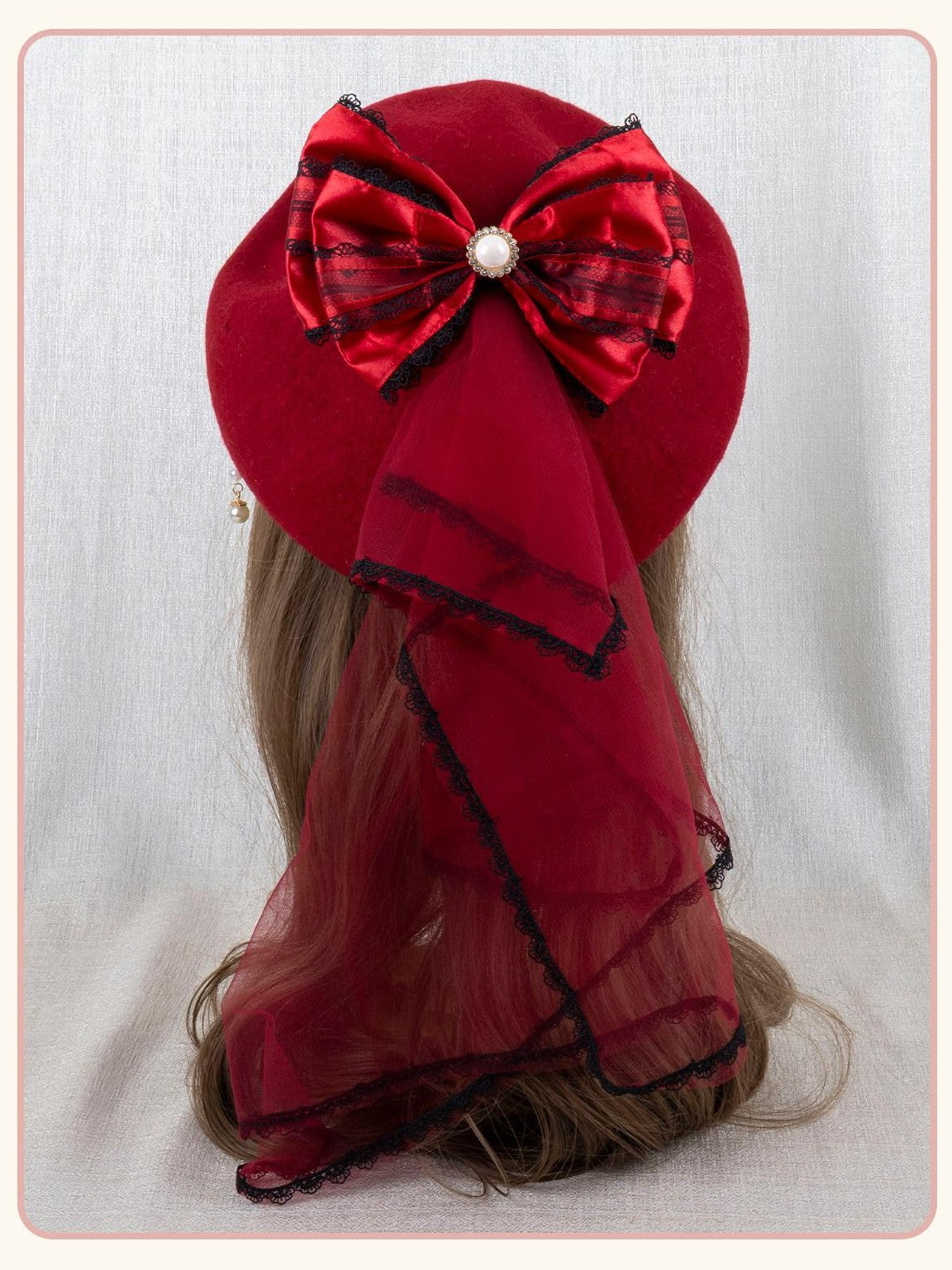 Stardust Rose Red Rose Lace Bow Round Top Women's Woolen Blend Half Bonnets