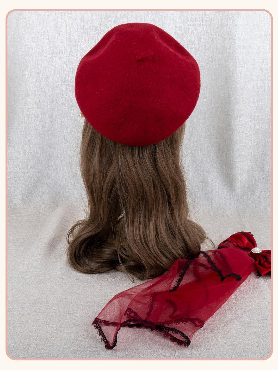 Stardust Rose Red Rose Lace Bow Round Top Women's Woolen Blend Half Bonnets