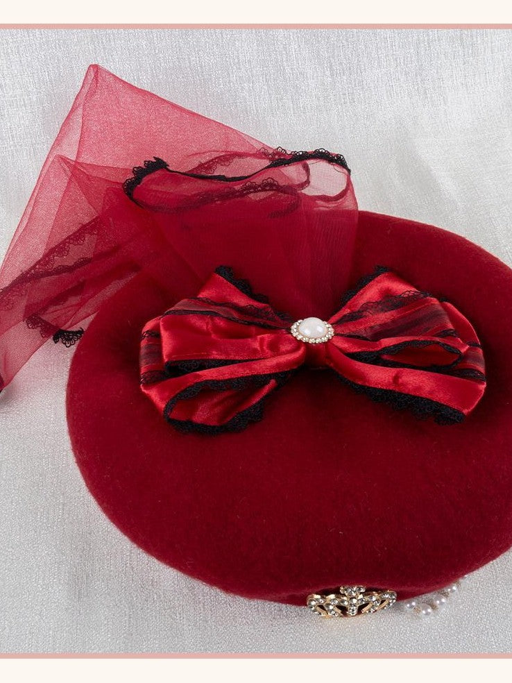Stardust Rose Red Rose Lace Bow Round Top Women's Woolen Blend Half Bonnets