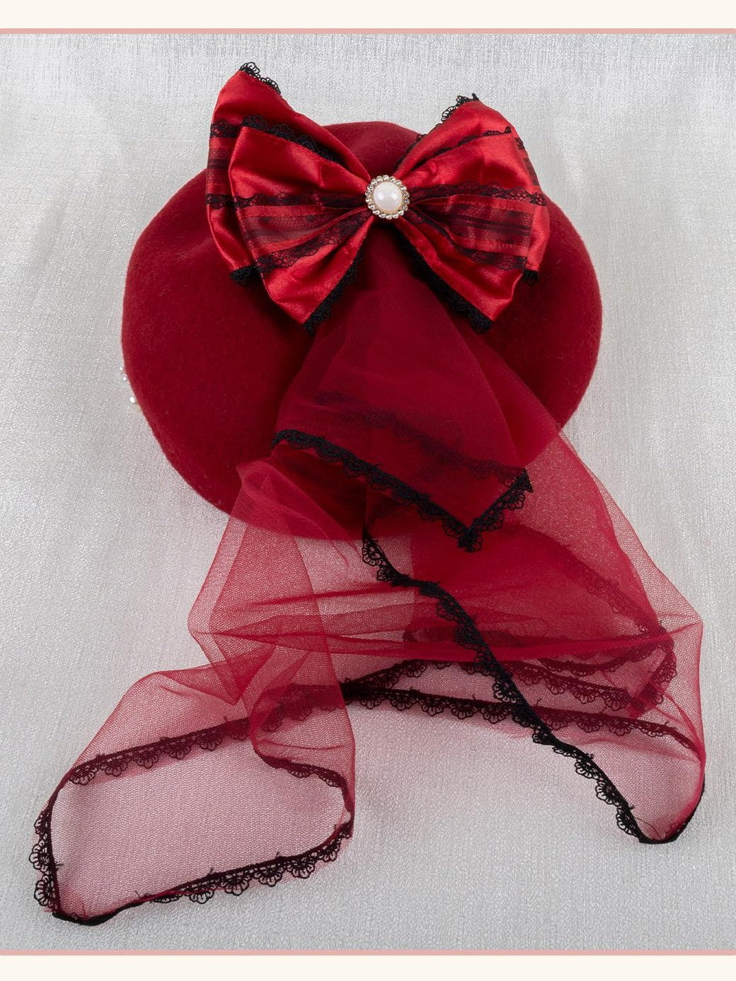 Stardust Rose Red Rose Lace Bow Round Top Women's Woolen Blend Half Bonnets