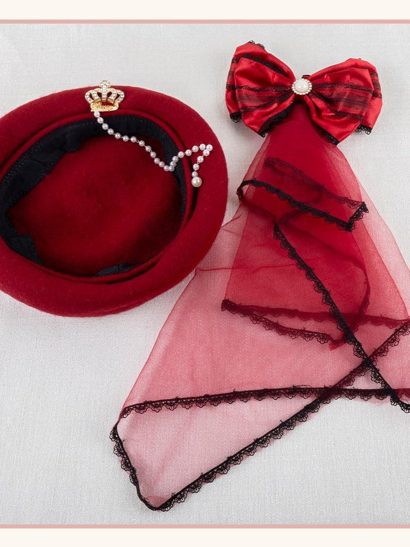 Stardust Rose Red Rose Lace Bow Round Top Women's Woolen Blend Half Bonnets