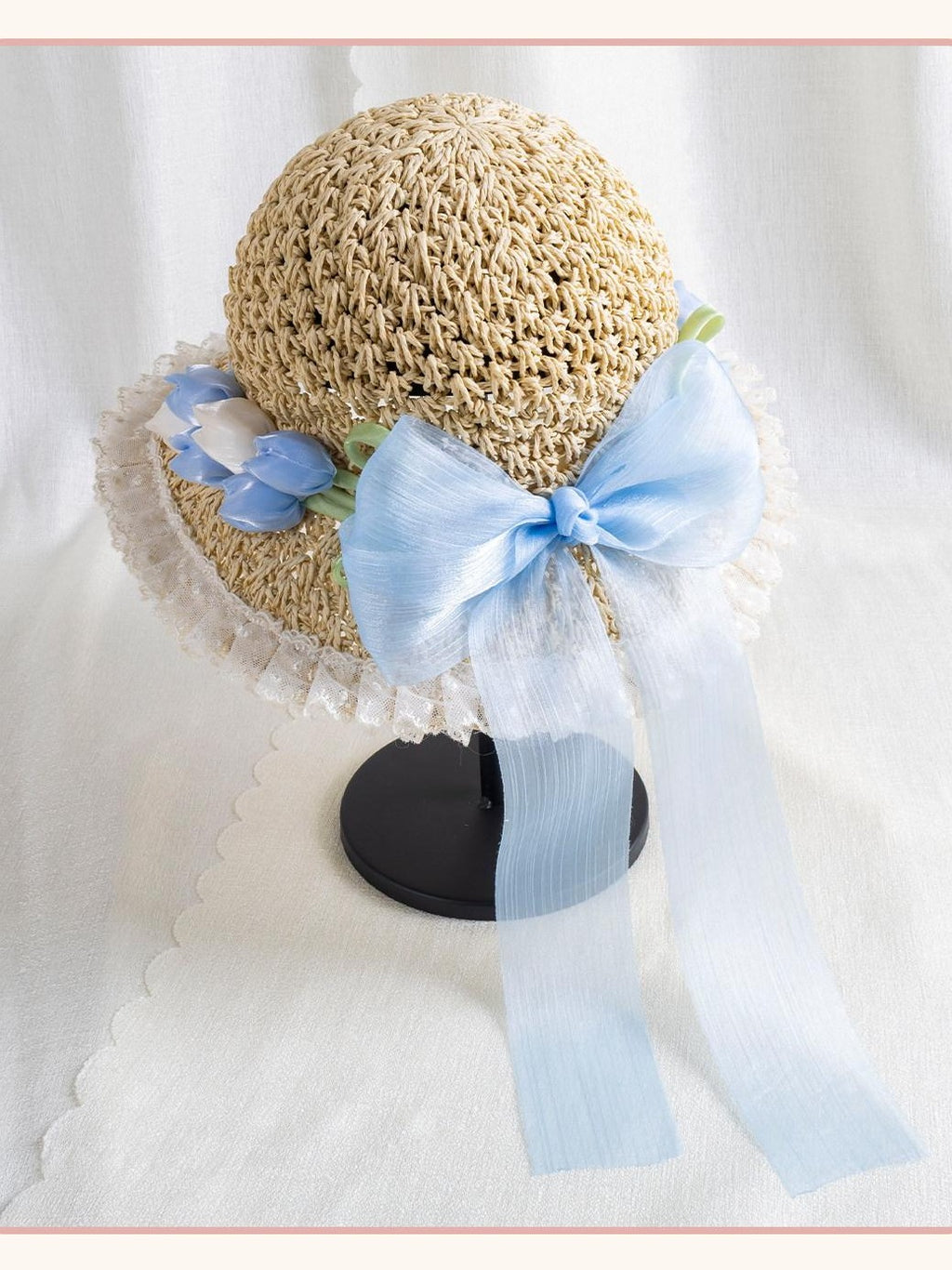 Stardust Rose Shimmering Woven Bow Wide Brim Round Top Women's Tulle Full Bonnets