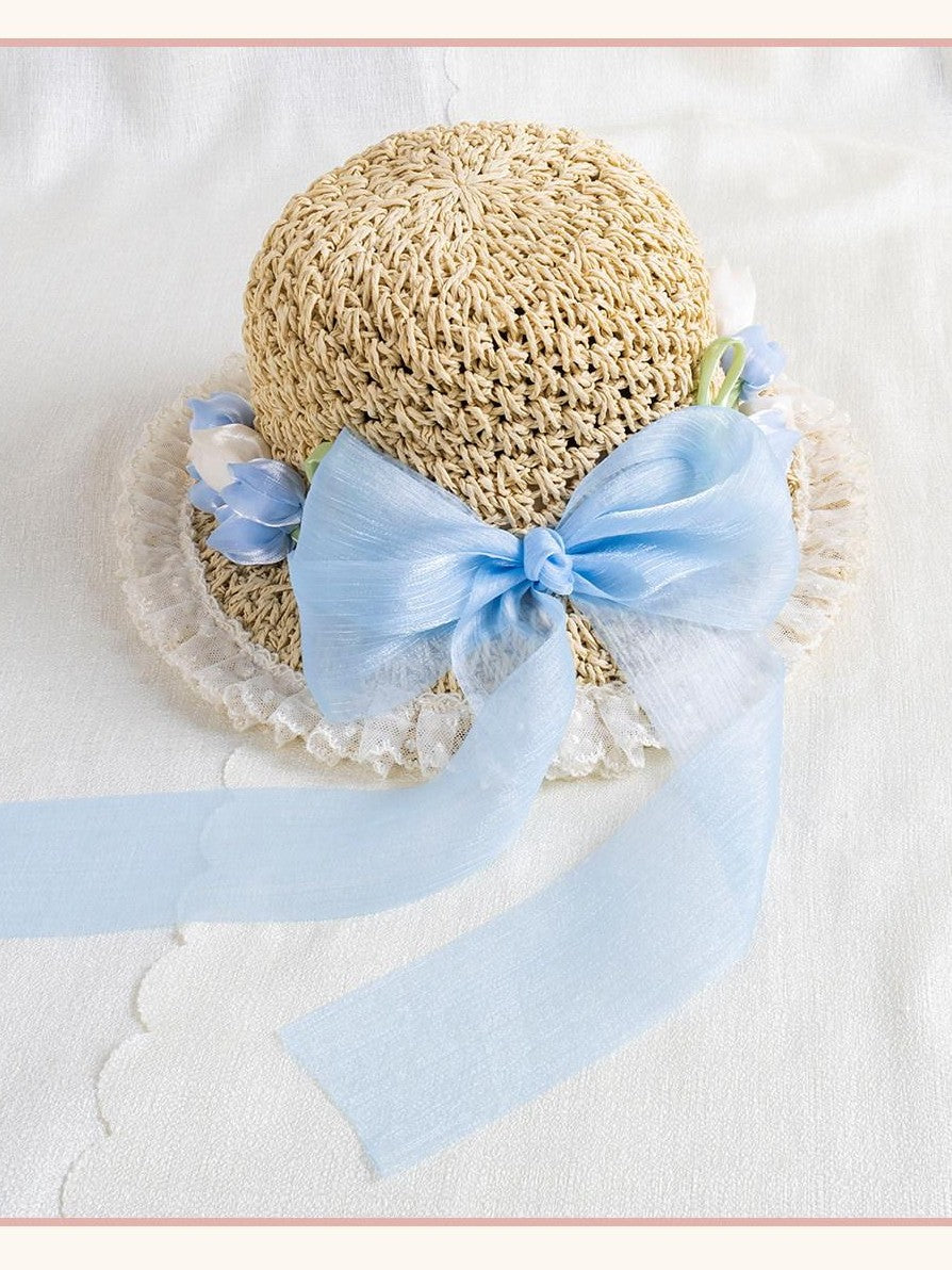 Stardust Rose Shimmering Woven Bow Wide Brim Round Top Women's Tulle Full Bonnets
