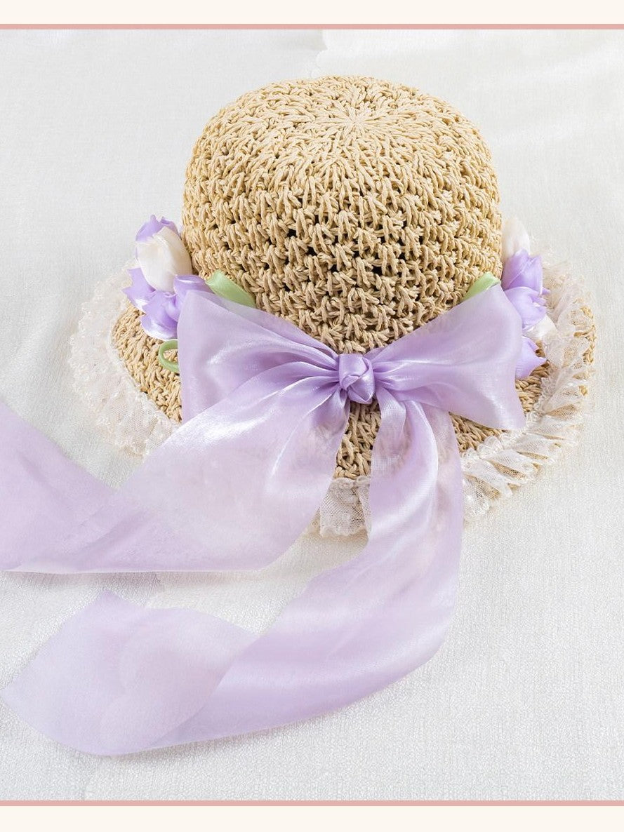 Stardust Rose Shimmering Woven Bow Wide Brim Round Top Women's Tulle Full Bonnets