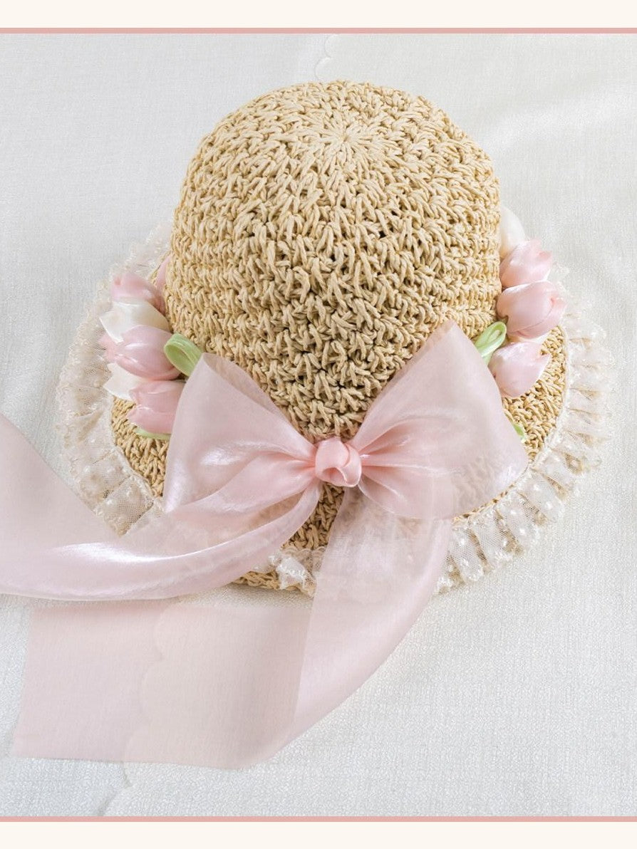 Stardust Rose Shimmering Woven Bow Wide Brim Round Top Women's Tulle Full Bonnets