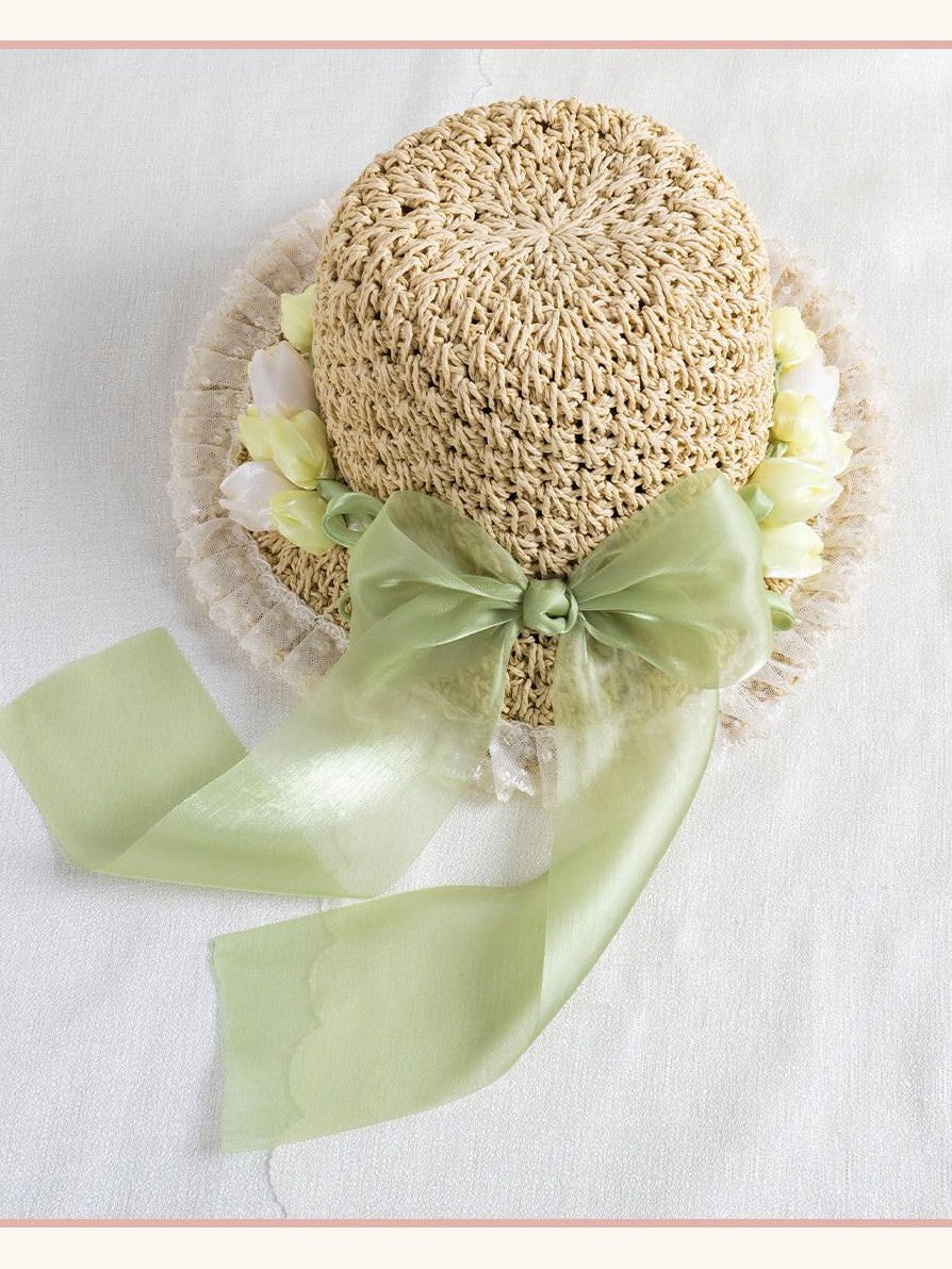 Stardust Rose Shimmering Woven Bow Wide Brim Round Top Women's Tulle Full Bonnets