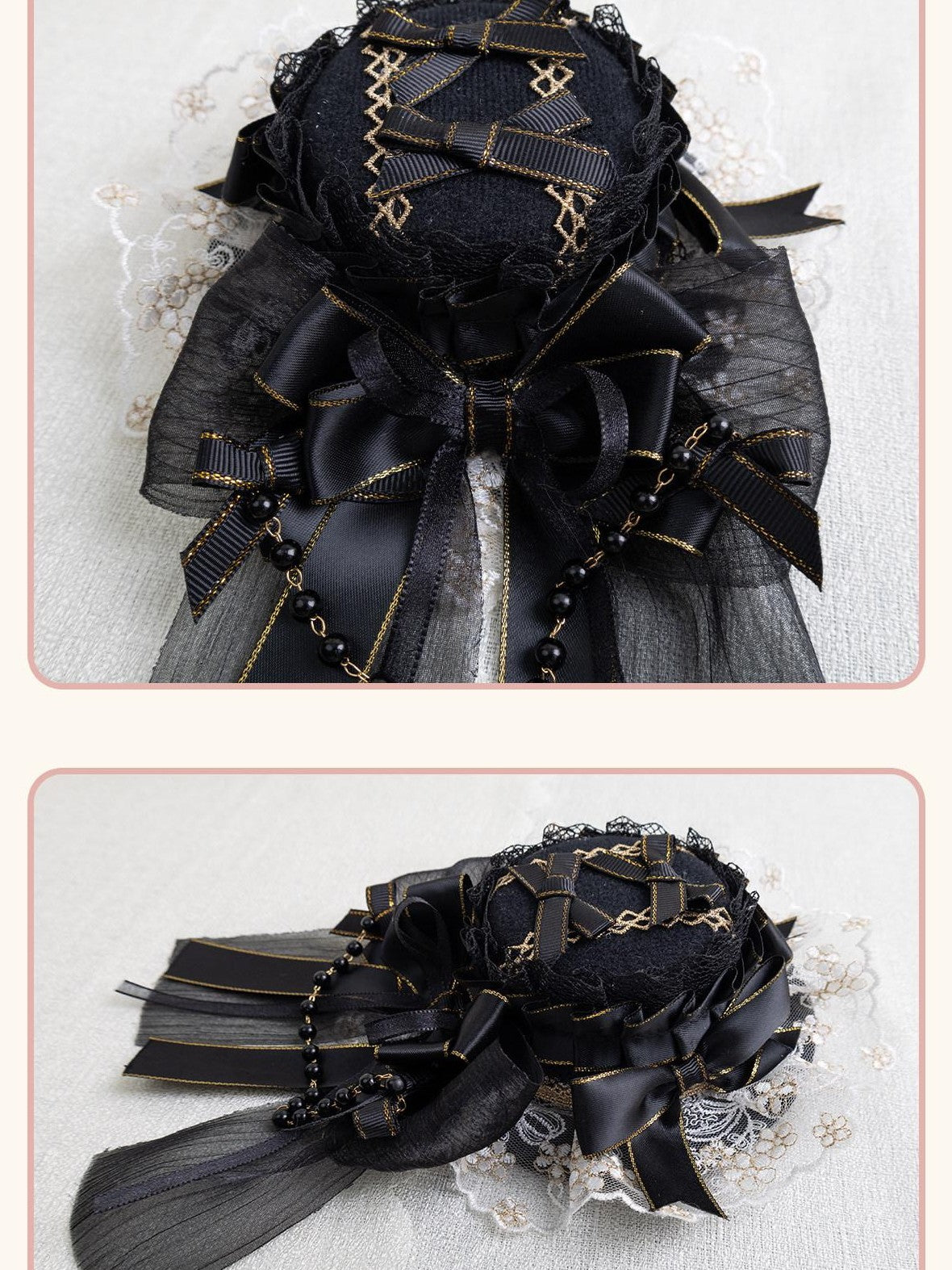 Stardust Rose Stardust Rose Black Gold Lolita Court Top Hat Women's Hair Clips
