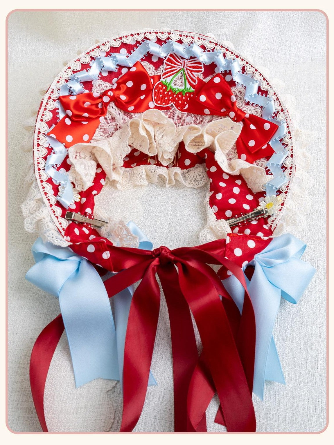Stardust Rose Stardust Rose Polka Dot Strawberry Bow Beret Women's Ice Blue Ribbon Hair Clips