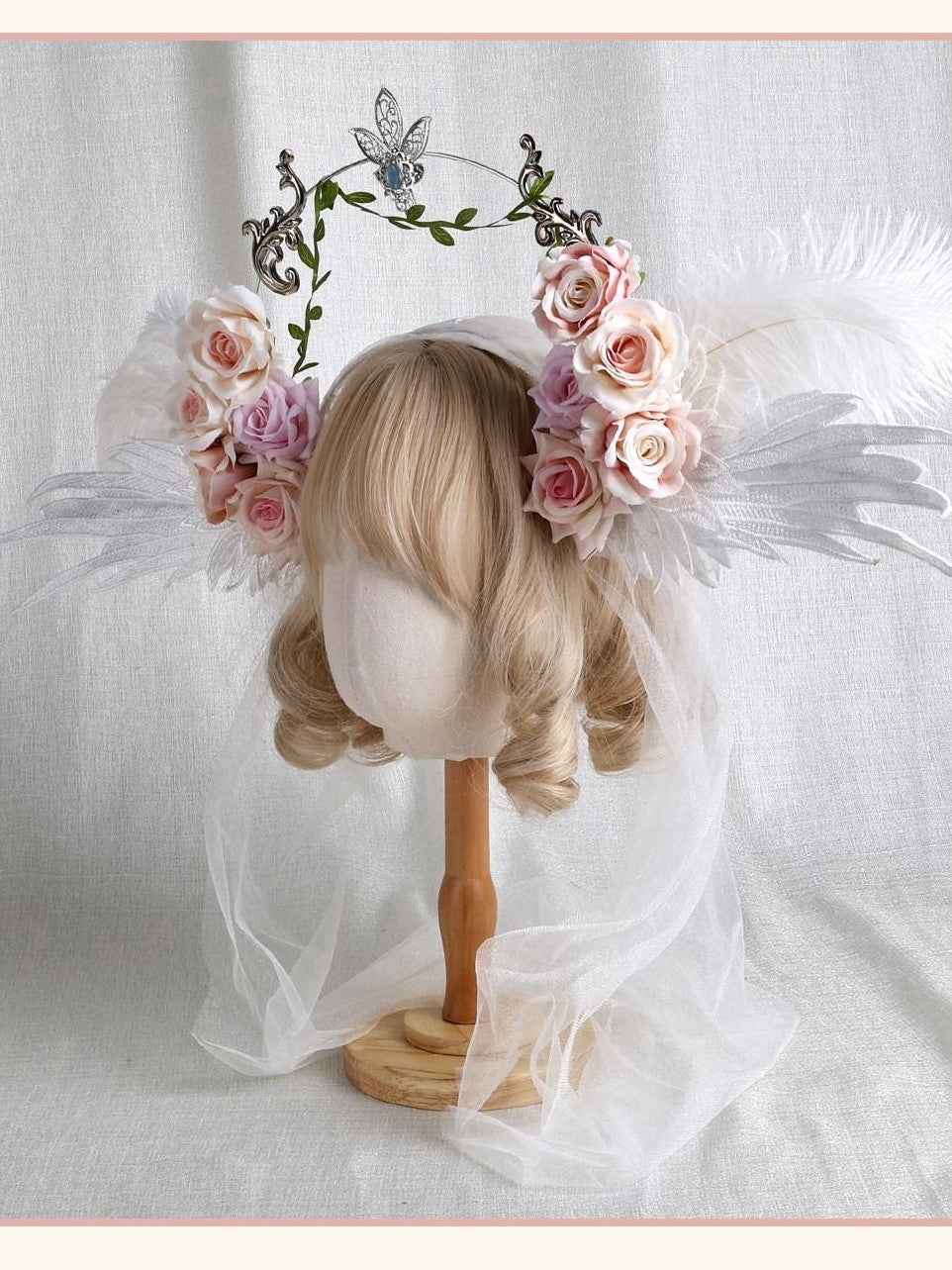 Stardust Rose White Stardust Rose Wings Angel Crown Lolita Bridal Women's Veils