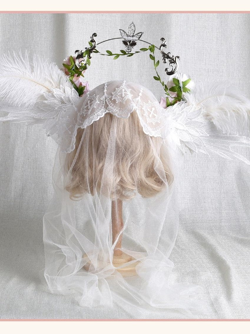 Stardust Rose White Stardust Rose Wings Angel Crown Lolita Bridal Women's Veils