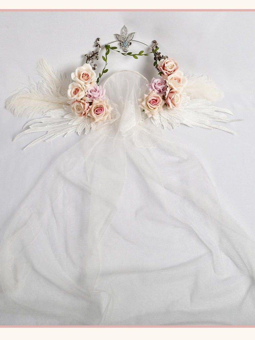 Stardust Rose White Stardust Rose Wings Angel Crown Lolita Bridal Women's Veils