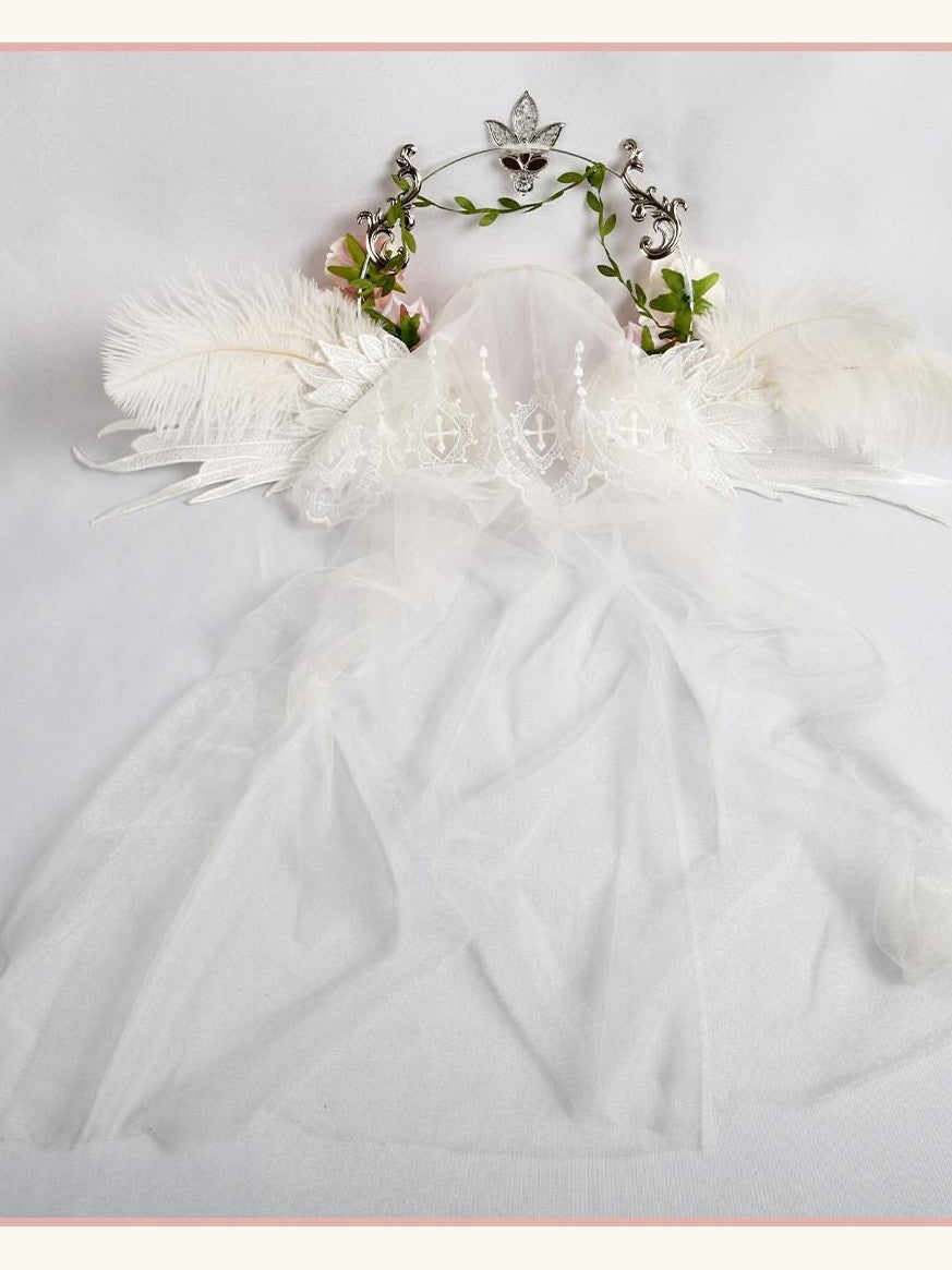 Stardust Rose White Stardust Rose Wings Angel Crown Lolita Bridal Women's Veils