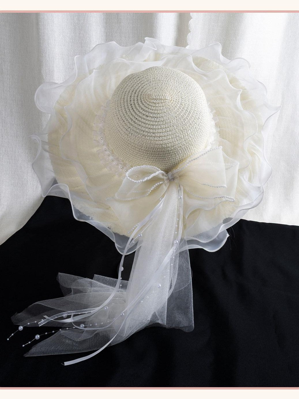 Stardust Rose White Tulle Lace Ribbon Bow Bridal Wide Brim Women's Straw Full Bonnets