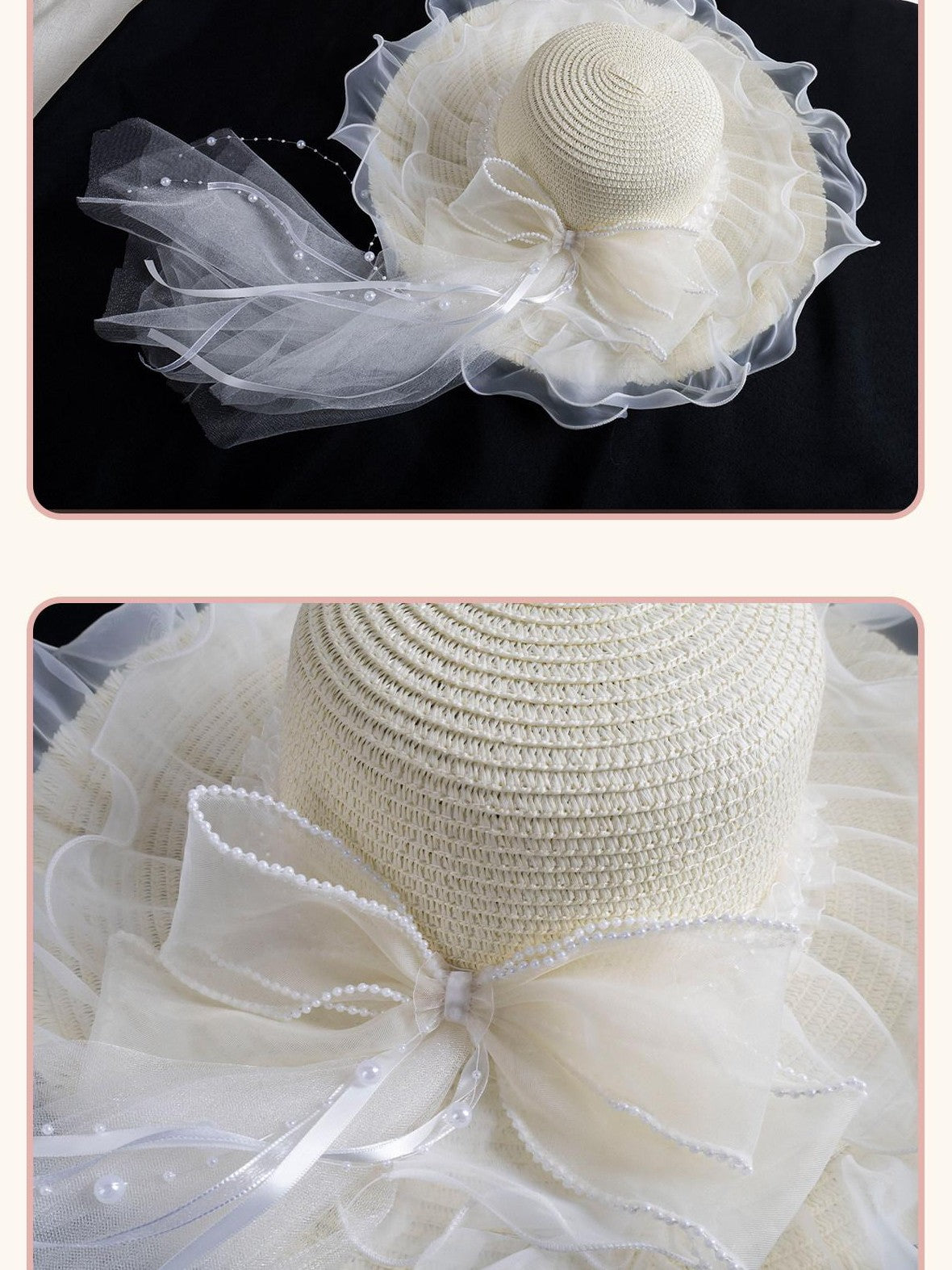 Stardust Rose White Tulle Lace Ribbon Bow Bridal Wide Brim Women's Straw Full Bonnets