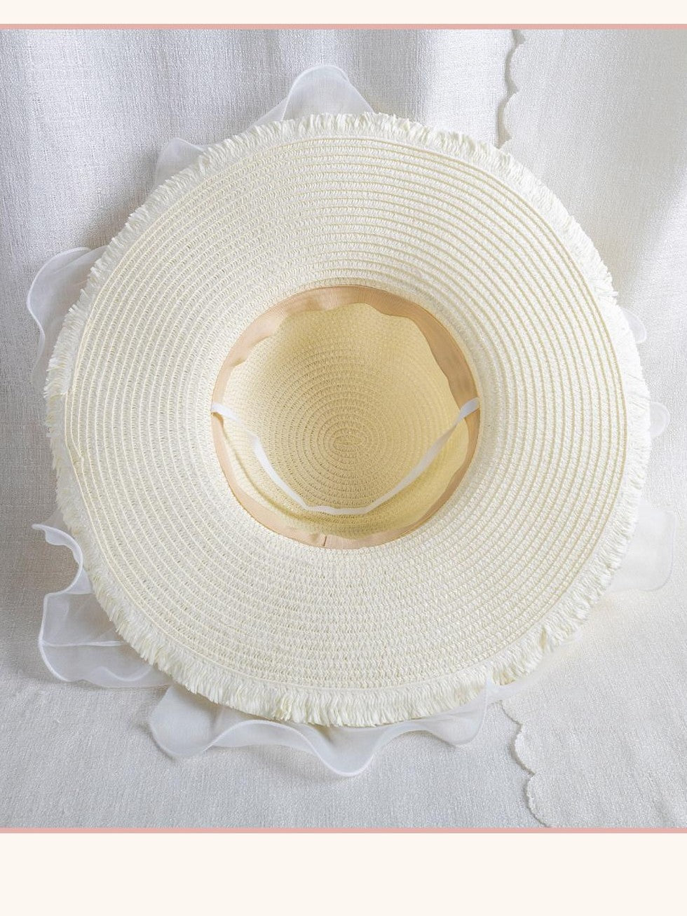 Stardust Rose White Tulle Lace Ribbon Bow Bridal Wide Brim Women's Straw Full Bonnets