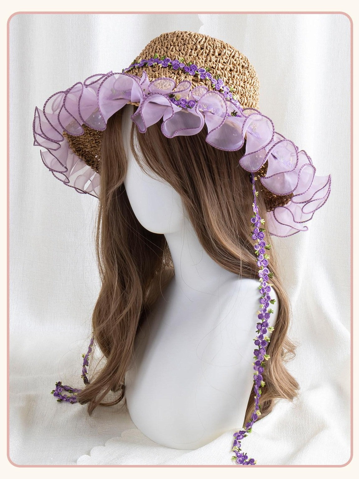 Stardust Rose Wide Brim Floral Lace Trim Lolita Women's Woven Gauze Full Bonnets