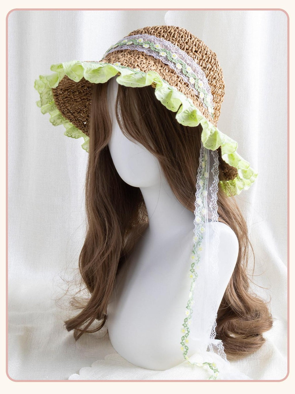 Stardust Rose Wide Brim Floral Lace Trim Lolita Women's Woven Gauze Full Bonnets