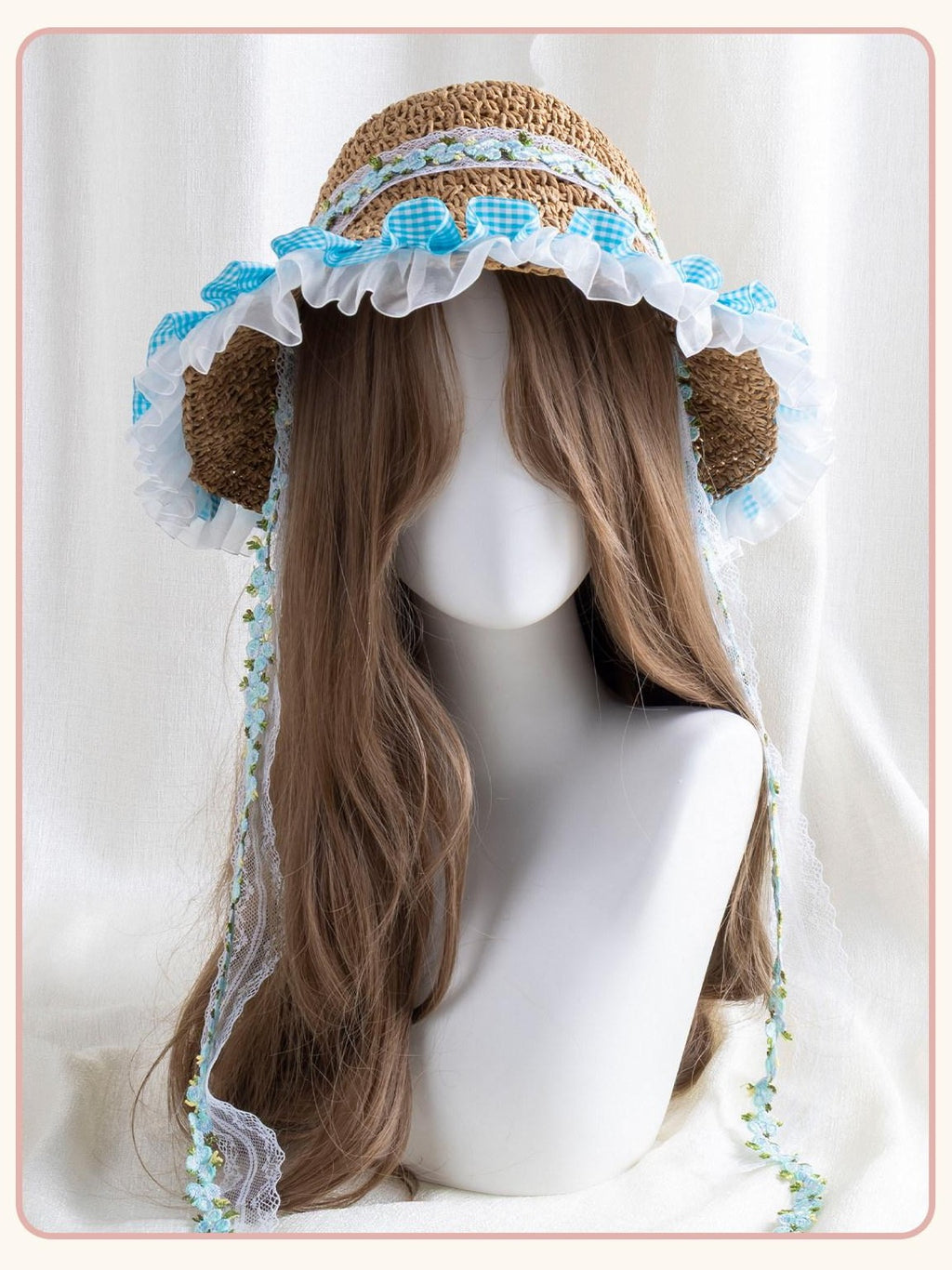 Stardust Rose Wide Brim Floral Lace Trim Lolita Women's Woven Gauze Full Bonnets