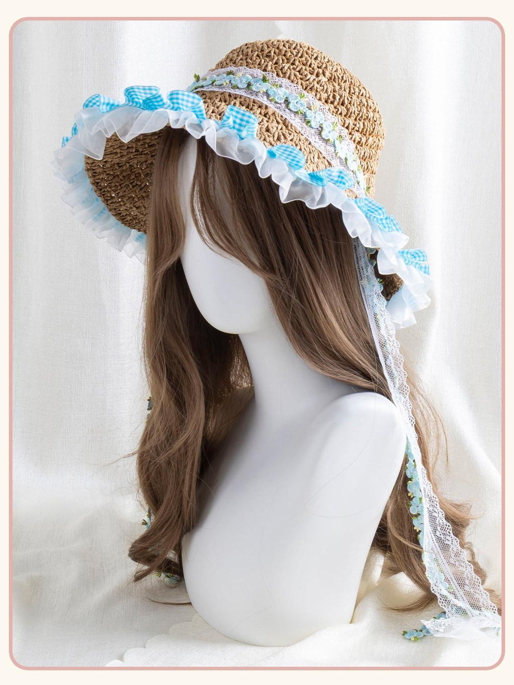 Stardust Rose Wide Brim Floral Lace Trim Lolita Women's Woven Gauze Full Bonnets