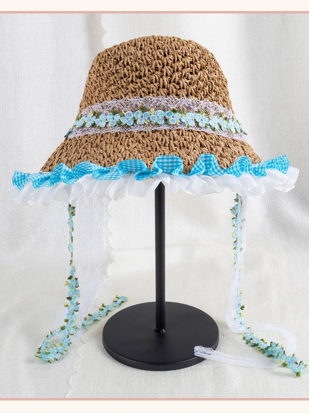 Stardust Rose Wide Brim Floral Lace Trim Lolita Women's Woven Gauze Full Bonnets