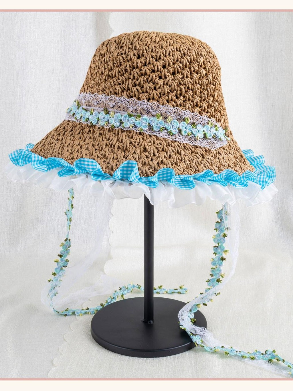 Stardust Rose Wide Brim Floral Lace Trim Lolita Women's Woven Gauze Full Bonnets