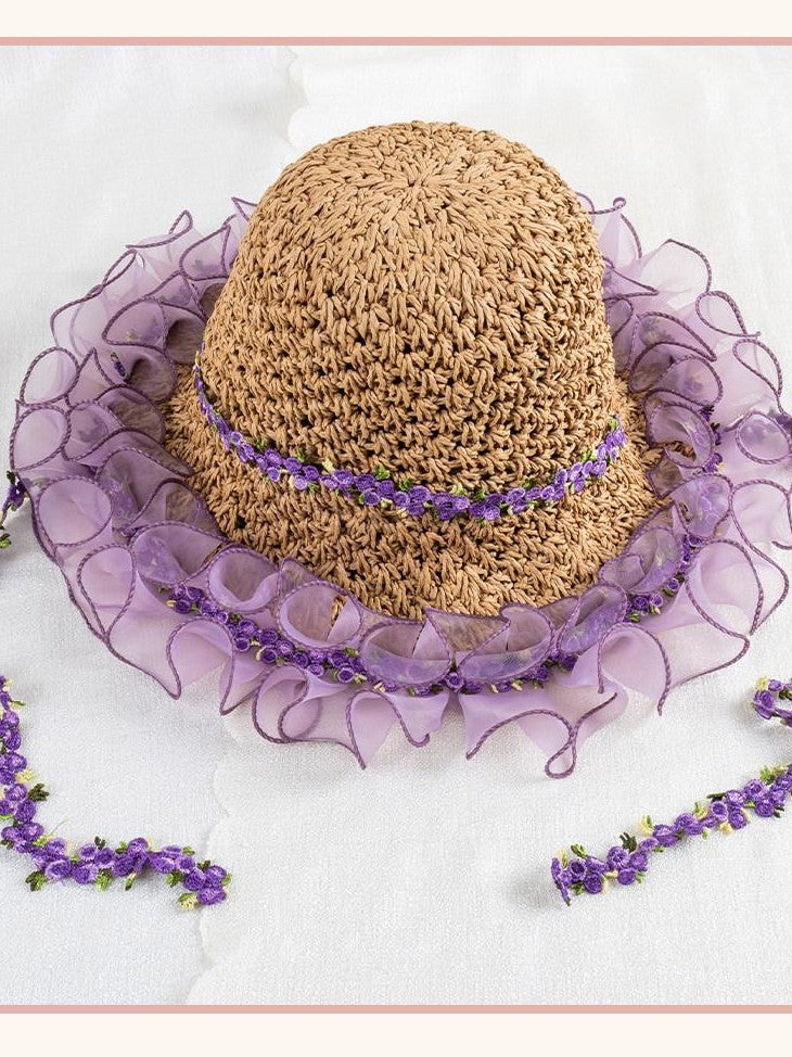 Stardust Rose Wide Brim Floral Lace Trim Lolita Women's Woven Gauze Full Bonnets