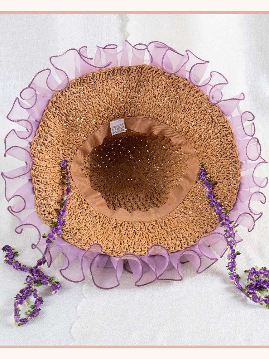 Stardust Rose Wide Brim Floral Lace Trim Lolita Women's Woven Gauze Full Bonnets