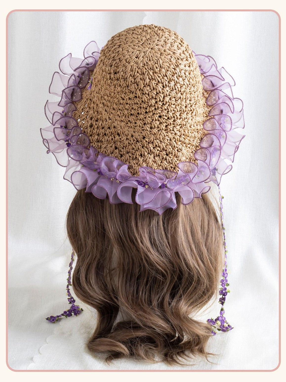 Stardust Rose Wide Brim Floral Lace Trim Lolita Women's Woven Gauze Full Bonnets