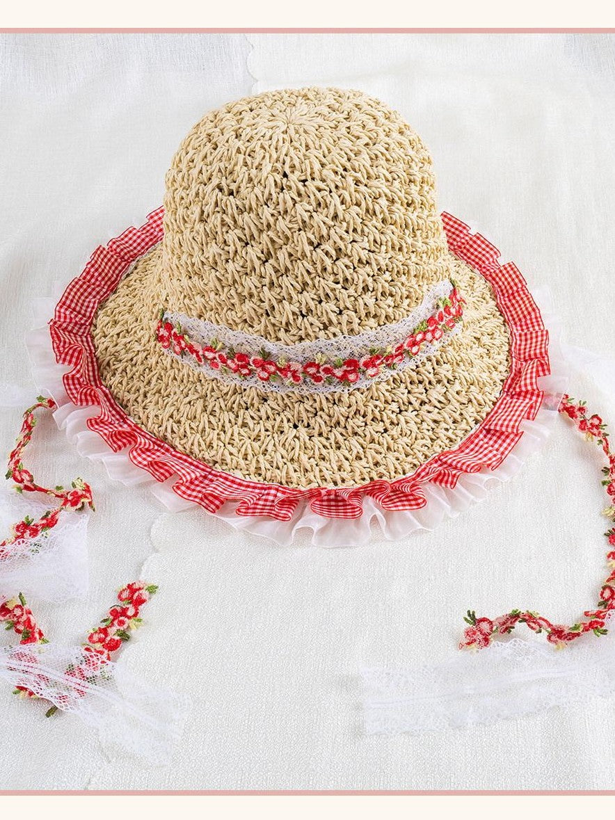 Stardust Rose Wide Brim Floral Lace Trim Lolita Women's Woven Gauze Full Bonnets