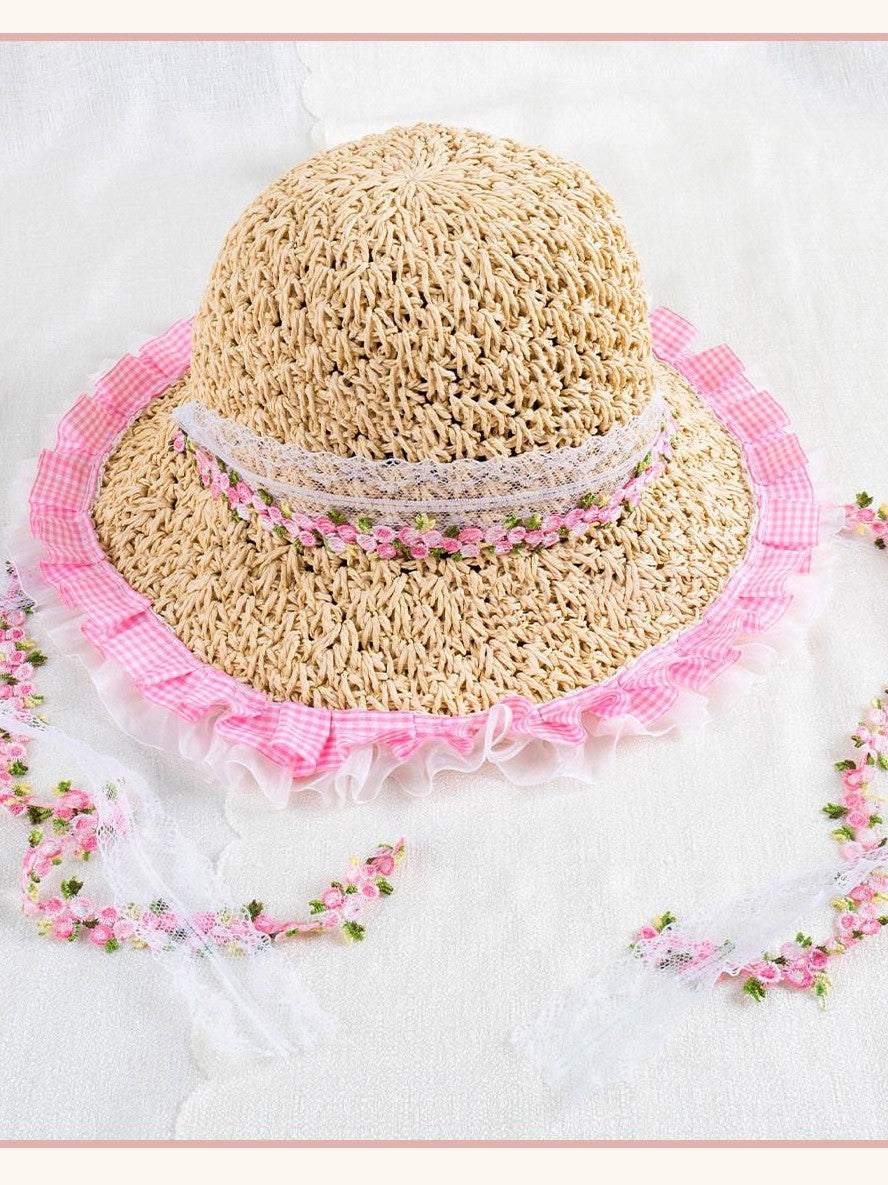 Stardust Rose Wide Brim Floral Lace Trim Lolita Women's Woven Gauze Full Bonnets