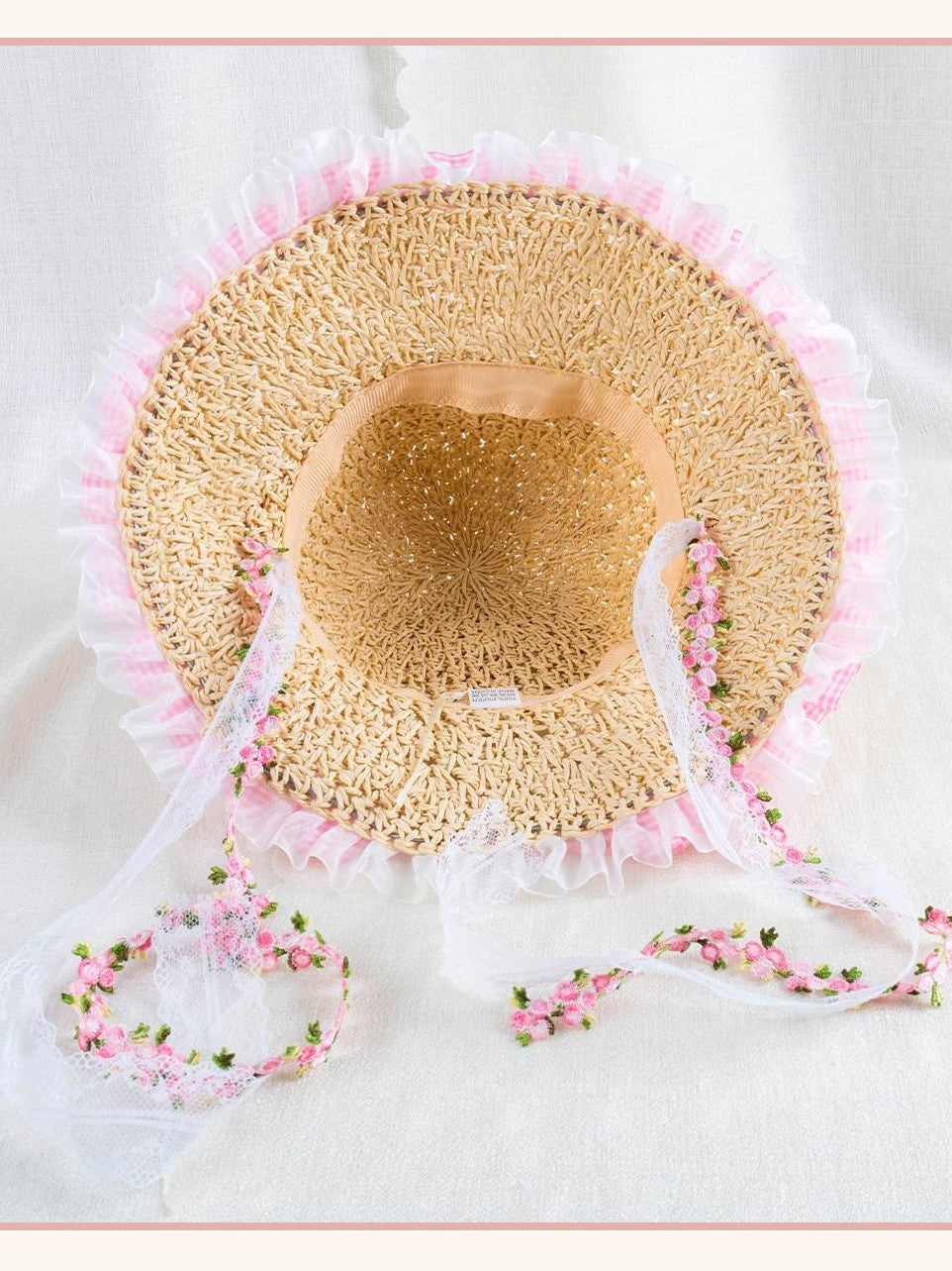 Stardust Rose Wide Brim Floral Lace Trim Lolita Women's Woven Gauze Full Bonnets