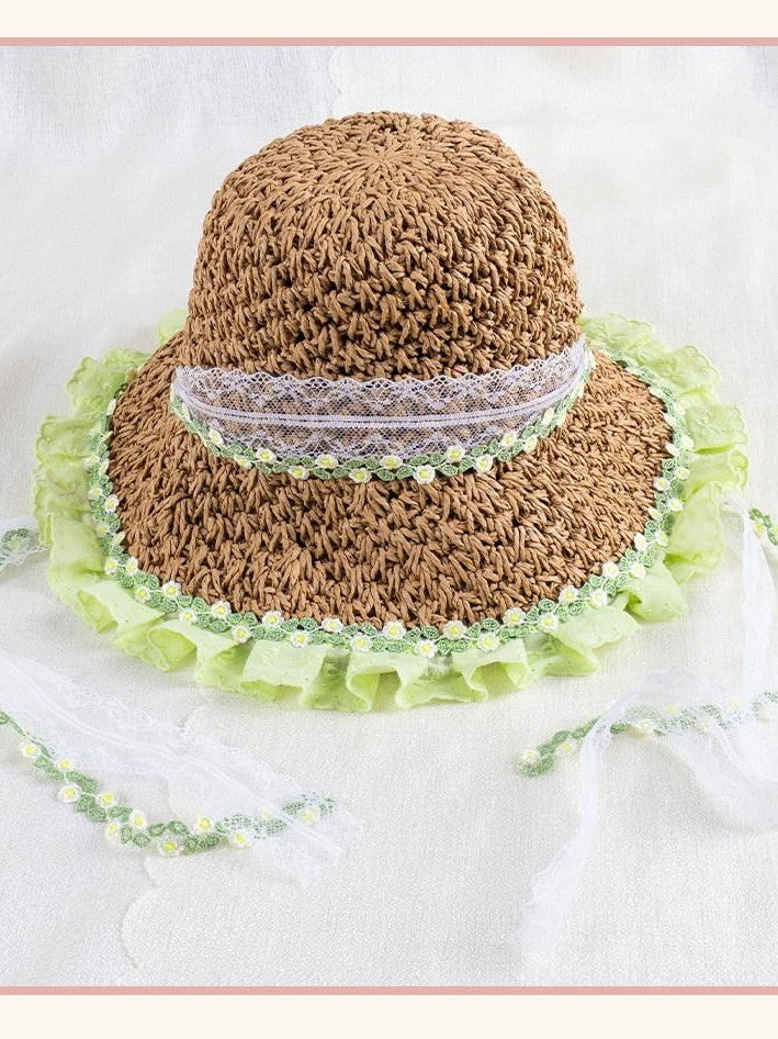 Stardust Rose Wide Brim Floral Lace Trim Lolita Women's Woven Gauze Full Bonnets