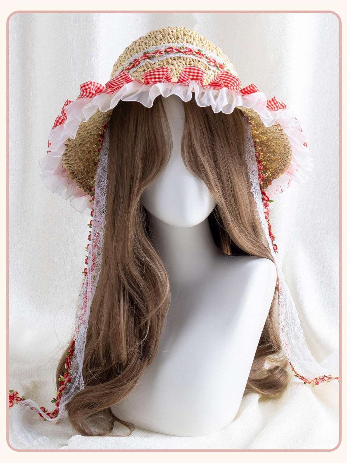 Stardust Rose Wide Brim Floral Lace Trim Lolita Women's Woven Gauze Full Bonnets