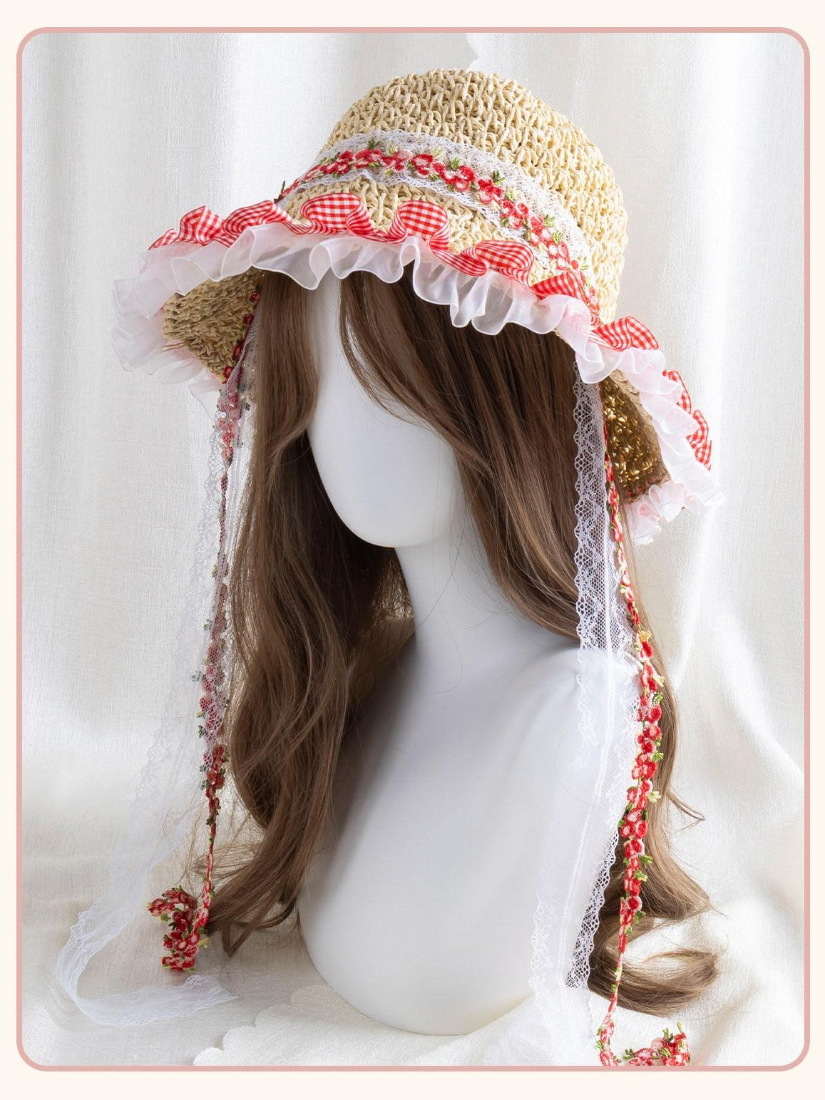 Stardust Rose Wide Brim Floral Lace Trim Lolita Women's Woven Gauze Full Bonnets