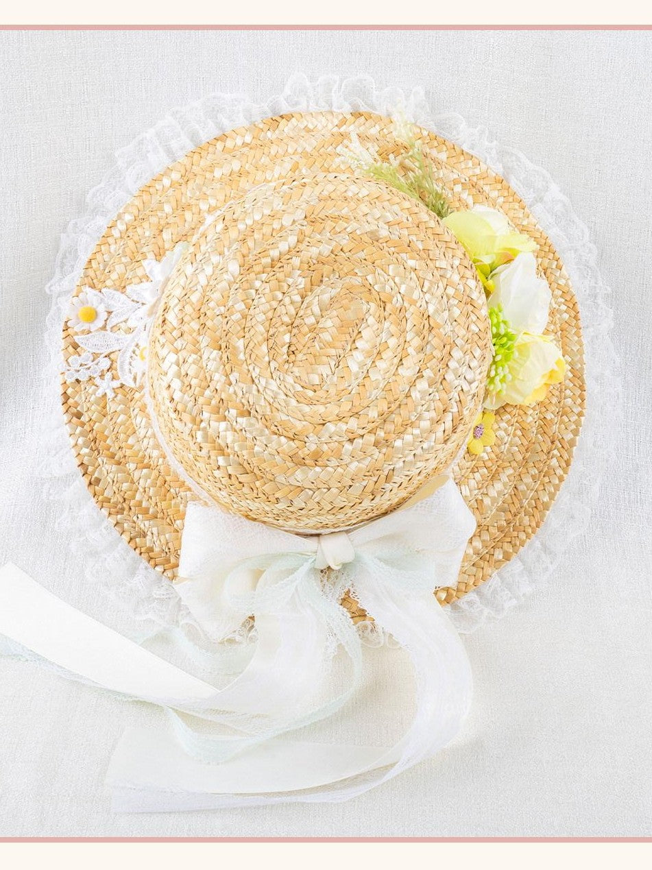 Stardust Rose Woven Yellow Flower Butterfly Ribbon Women's Straw Full Bonnets