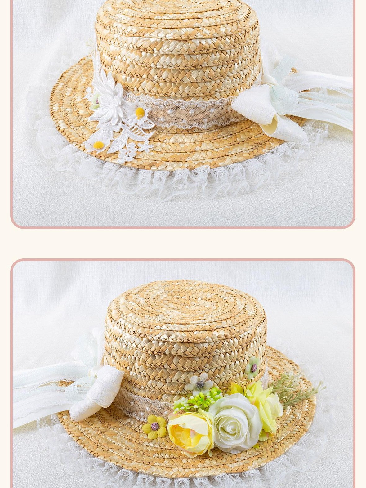 Stardust Rose Woven Yellow Flower Butterfly Ribbon Women's Straw Full Bonnets