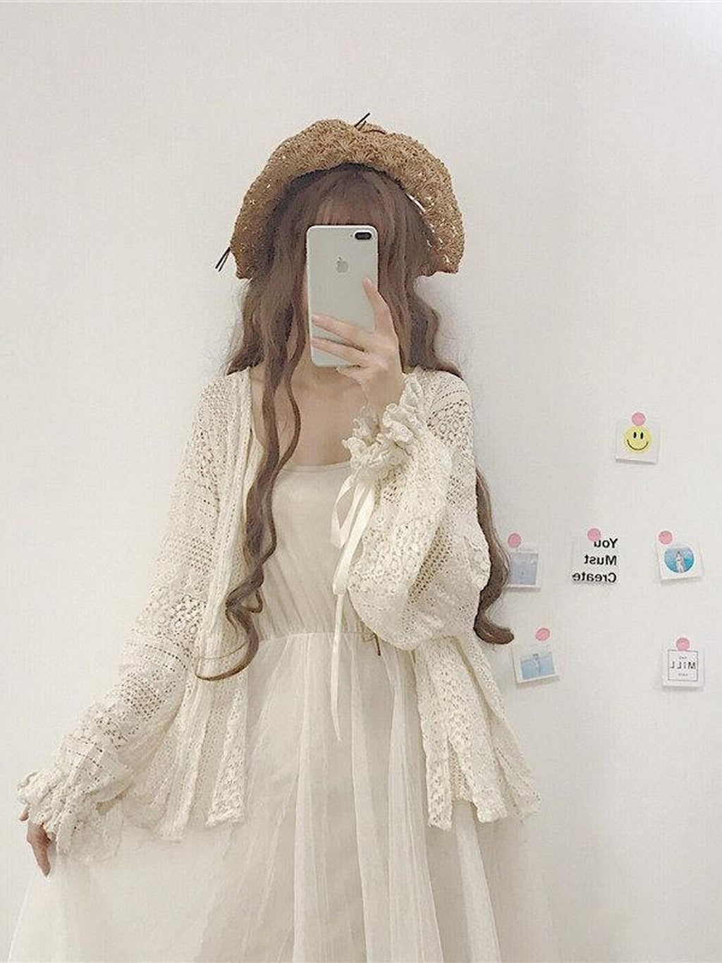 Sugar Girl Apricot Lace V-neck Bell Sleeve Patchwork Women's Polyester Short Cardigans